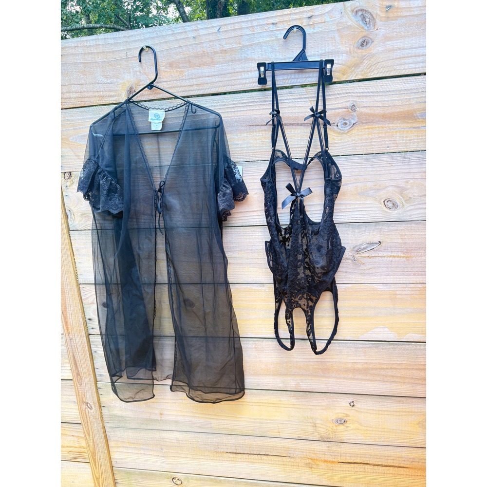 80s Undercover Wear Black Sheer Mesh Robe 3X & Lace Bodysuit 2XL Set 20864